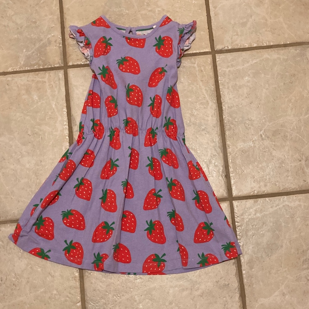 Mini Boden Purple Dress with Red Strawberry Print Size 5-6Y Sleeveless Ruffles